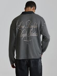 Musero Long Sleeve Stripe CrewNeck Top In Crop Length With Distressed Stripe Contarst Neckline Drop Shoulder Autum Winter Essentials - Black and White - View 2
