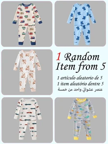 1 Set Randomly Sent Baby Boy Fashion Minimalist Cute Comfortable Cool Soft Skin-Friendly Thickened Winter Fitted Knitted Fleece Fabric Multi-Color Cartoon Car Teddy Bear Dinosaur Print Pattern Crew Neck Long Sleeve Pullover Top With Long Pants Pajama Set Homewear Set 2-Piece Set - Multicolor - View 7