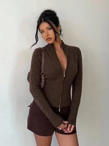 Aloruh 女款秋冬新款休閒街頭風日常運動高領羅紋黃色雙拉鍊修身長袖開襟針織衫 - 咖啡棕 - 查看 1