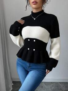 SHEIN Elenzya Women's Round Neck Striped Colorblock Pullover Sweater With Button Decor - Black - View 3