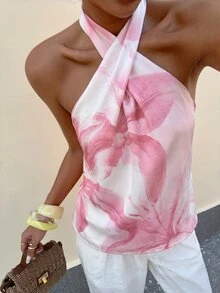 Lavishia 女款夏季橘色印花上衣 浪漫度假海灘穿搭 - 淺粉色 - 查看 8