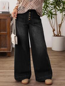 SHEIN CURVE+ Plus Size Women's Button Fly Casual Loose Wide Leg Denim Jeans - Black - View 1