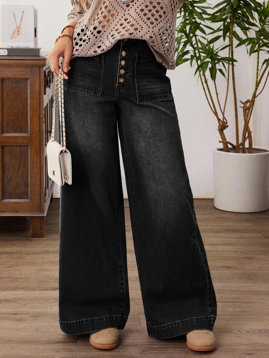 SHEIN CURVE+ Plus Size Women's Button Fly Casual Loose Wide Leg Denim Jeans - Black - View 1