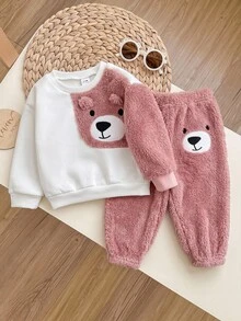 SHEIN 女嬰毛絨拼接抓絨運動衫與秋冬長褲套裝 - 粉色 - 查看 3