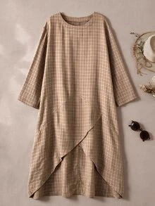 Rusticease Plus Size Casual Vacation Plaid Asymmetrical Hem Dress - Brown - View 3