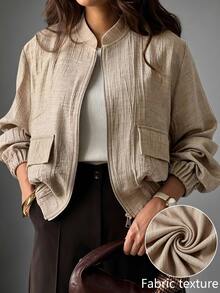 Linhara CURVE Jaket Kasual Wanita Ukuran Besar Warna Polos Bertekstur dengan Kantong, Jaket Musim Gugur Terbaru - Khaki - View 1