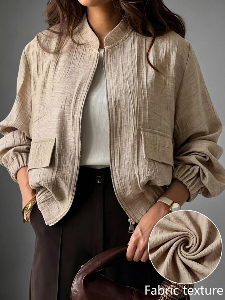 Linhara CURVE Jaket Kasual Wanita Ukuran Besar Warna Polos Bertekstur dengan Kantong, Jaket Musim Gugur Terbaru - Khaki - View 1