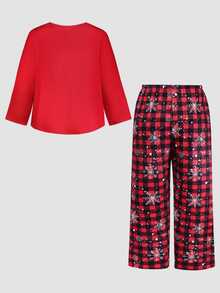 Chillnights Plus Size Women's Christmas Slogan Print Long Sleeve Top And Plaid Pants Pajama Set - Red - View 2