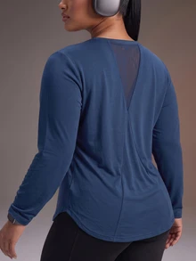 Powerista Kaos Lengan Panjang Kasual Wanita Ukuran Plus Warna Biru Tua Polos dengan Panel Jala di Belakang dan Leher Bulat, Atasan Olahraga Bernapas, Pakaian Aktif, Kain Bernapas, Musim Gugur - Navy Blue - View 5
