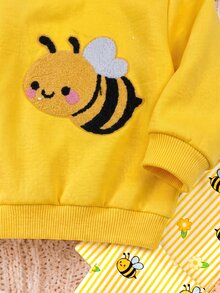 SHEIN Set Baju Bayi Perempuan: Sweatshirt Leher Bulat Rajut Motif Lebah Lucu dan Legging Pinggang Elastis 2 Potong - MultiWarna - View 6