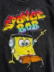 SpongeBob SquarePants | SHEIN Tween Boy Letter Cartoon Print Short Sleeve Casual T-Shirt - Grey - View 4