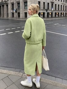 Struktiv Casual Elegant Button Jacket + Skirt Chenille Jacquard Green 2 Pieces Set - Green - View 2