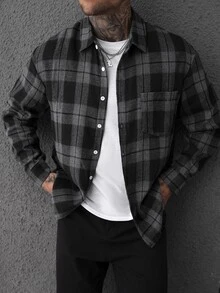 Manfinity Homme قميص رجالي كاجوال بنقشة مربعات، خريفي - الأسود - مشاهدة 5