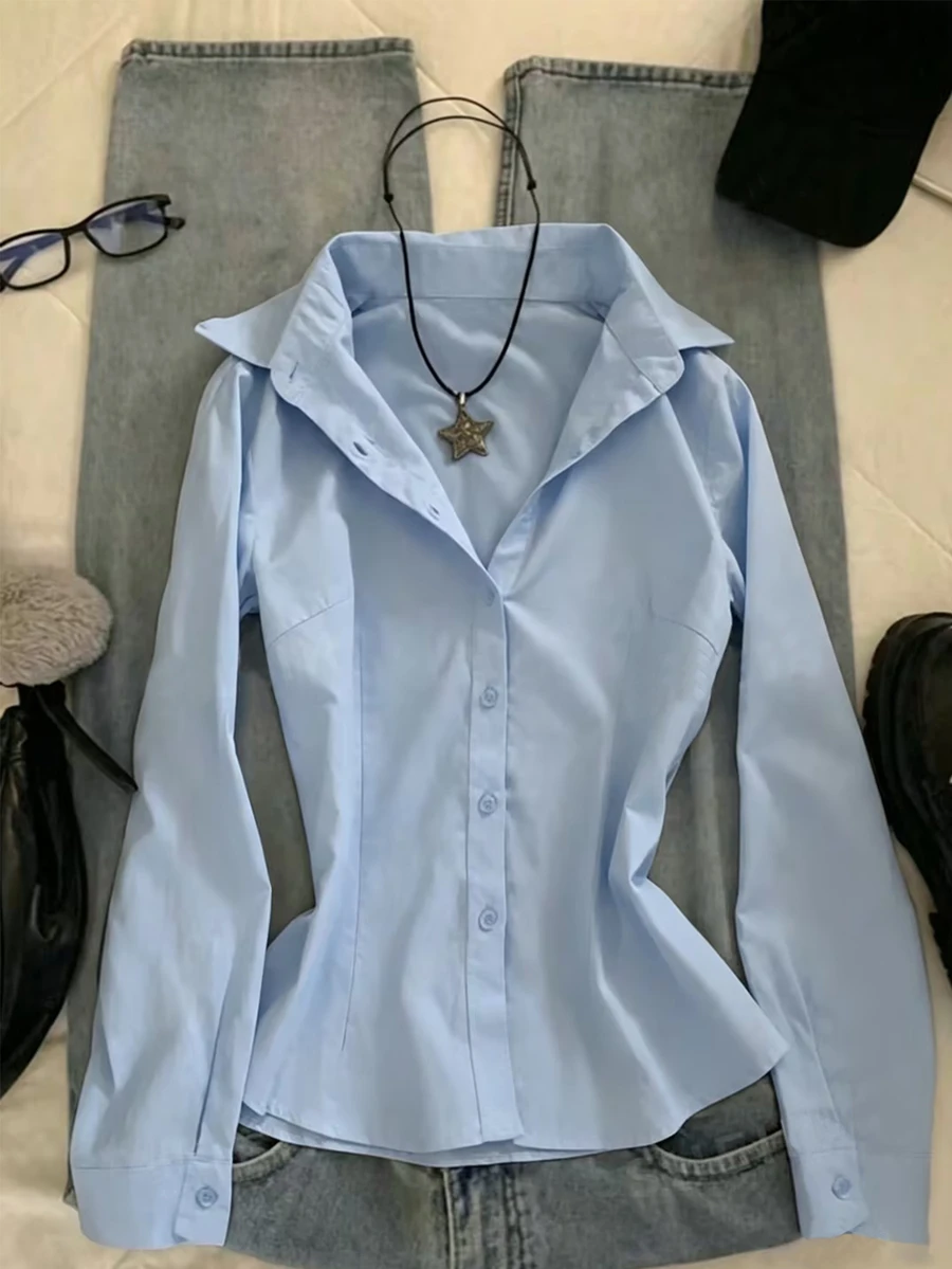 IslaSuriya 休閒百搭純色收腰女款襯衫 - 淺藍色 - 查看 1