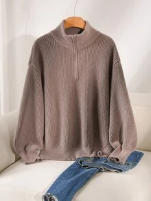 CosyJoli Plus Size Elegant French Style Versatile Casual Commute Autumn/Winter Minimalist Zip-Up Knit Pullover Sweater Top For Women - Dark Grey - View 4