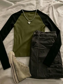 IslaSuriya Women's Korean Style Fashion Contrast Color Long Sleeve Top For Daily Wear - Multicolor - View 2