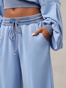 Radiana American Retro Gray-Blue Contrast Color Washed Distressed Sweatpants, Street Casual Low Waist Wide Leg Loose Extra Long Pants - Blue - View 4