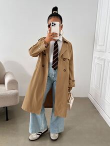 SHEIN 兒童青少年女孩時尚休閒卡其色梭織雙排扣翻領寬鬆長款風衣外套，秋冬款，休閒軍裝風，通勤與街頭穿搭 - 摩卡棕 - 查看 4