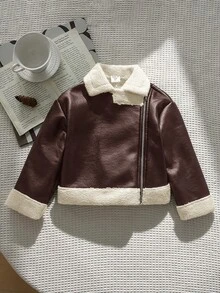 Emery Rose Kids Emery Rose Kids 少女款拼色時尚拉鍊翻領PU材質秋冬夾克 - 棕色 - 查看 10