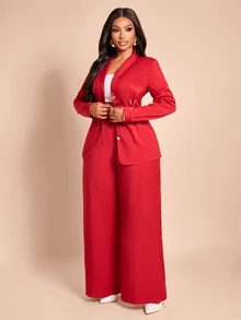 Brilight V Metal Decor Waist Slim Jacket High Waist Wide Leg Pants For Wedding Guest Office Business Party - Red - View 6