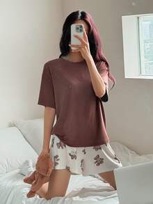 DAZY Women's Solid Color Short Sleeve Top And Shorts Casual Daily Home Sleepwear Set - Brown - View 5