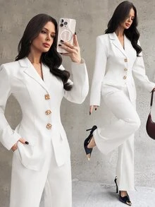 Firerie Women's Elegant Old Money Style Blazer Jacket And Slim Fit Flare Leg Pants Suit 2 Pieces Set - White - View 1