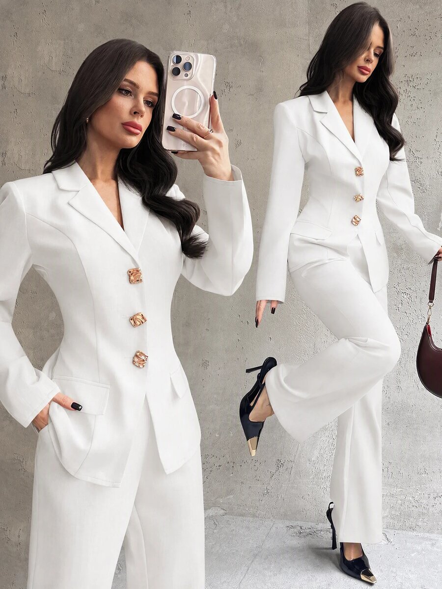 Firerie Women's Elegant Old Money Style Blazer Jacket And Slim Fit Flare Leg Pants Suit 2 Pieces Set - White - View 1