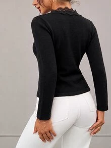 Aloruh Elegantes Damen-Strickpullover-Top mit V-Ausschnitt, Spitzen-Patchwork und figurbetonter Taille - Schwarz - Übersicht 2