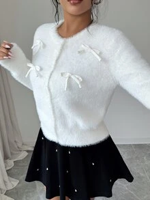 Elenzga Elegant Korean Style White Bowknot Round Neck Button Cardigan Women Long Sleeve Faux Mink Soft Versatile Fashion Top - White - View 4