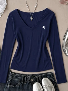 Kids Teen Girls Casual Minimalist V-Neck Versatile Slim Fit Long Sleeve T-Shirt Suitable For All Seasons - Multicolor - View 4