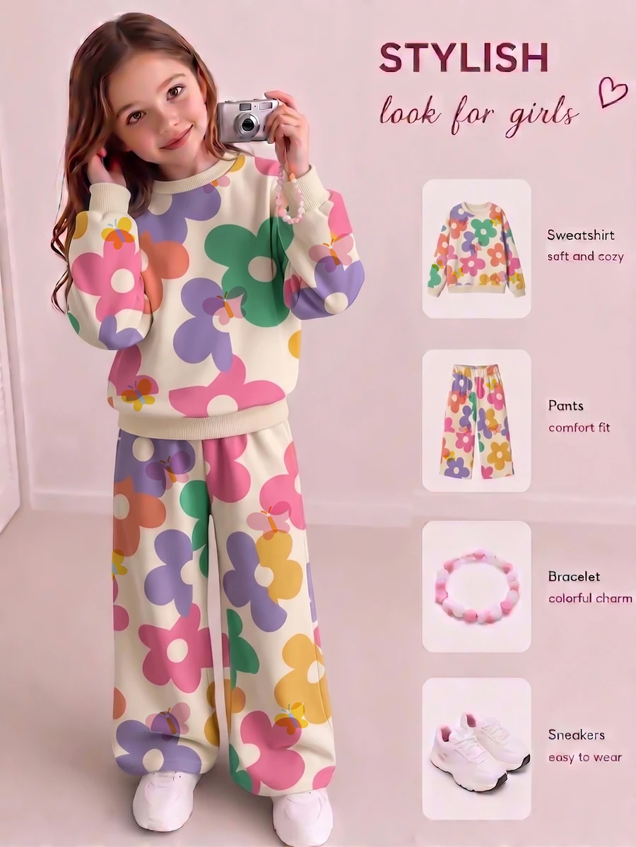 Young Girls' Sweatshirt Set, Round Neck Long Sleeve, Loose Straight Leg Pants. Beige Background With Macaron Colorful Large Floral Print, Soft And Skin-Friendly Fabric - Multicolor - View 1