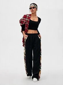 SHEIN LUNE 2026歐美新款女款彈性腰燈芯絨直筒休閒長褲 70年代復古風 側面多色幾何印花拼接 - 彩色 - 查看 5