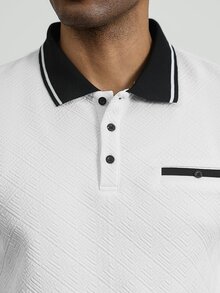 HUEFORM 男士拼色長袖 Polo 衫，成熟商務時尚款，秋冬適用 - 白色 - 查看 4