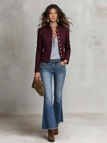 Solivie Women's Autumn Fashion Striped Jacket - Burgundy - View 6