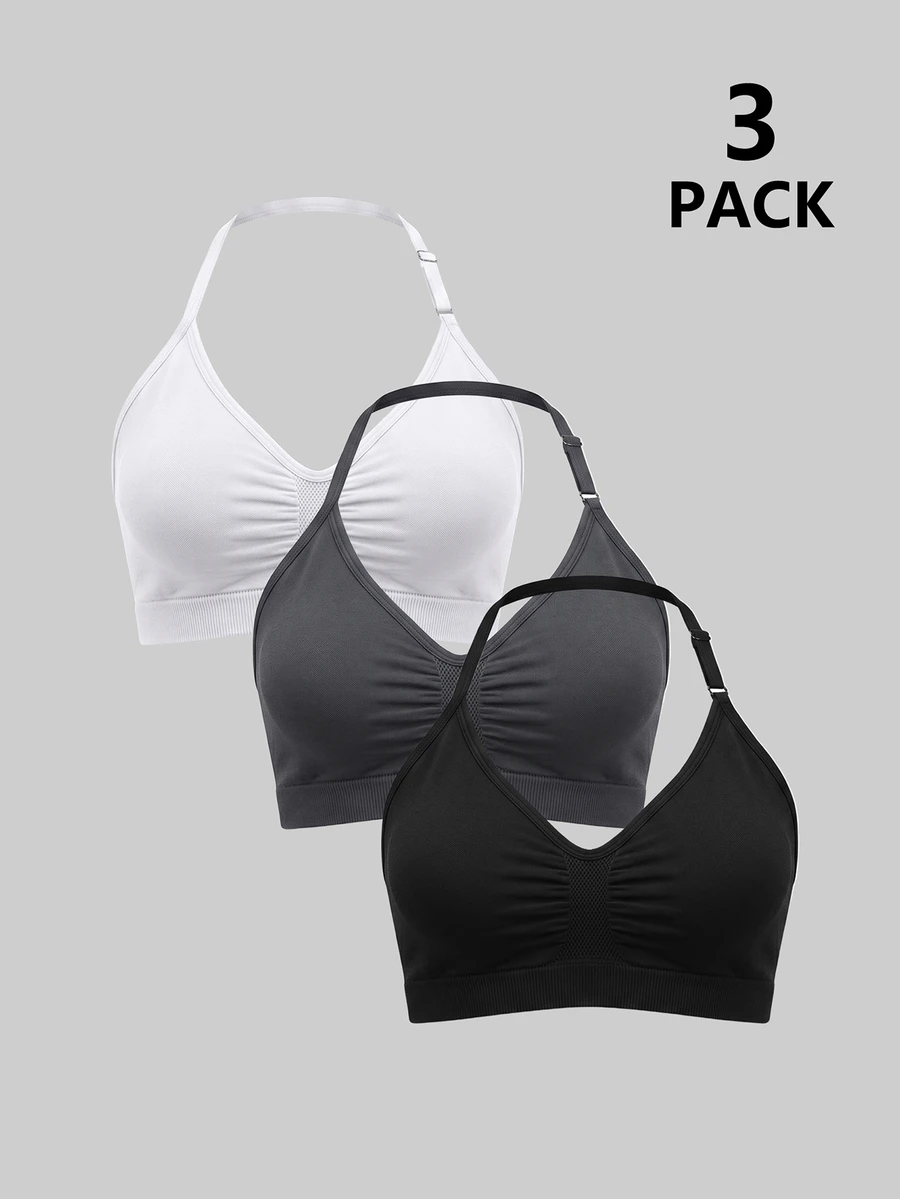 SHEIN Velisys Women's Solid Color Pleated Casual Daily Sports Halter Neck Tank Tops 3pcs/Set - Black - View 1