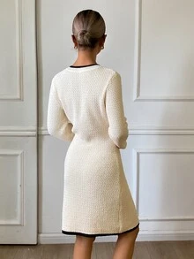 DAZY Patchwork Contrast Color Striped Fitted Bodycon Long Sleeve Round Neck Elegant Formal Vacation Korean Style Party Autumn/Winter Women's Sweater Dress - Apricot - View 6