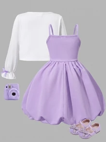 SHEIN Elladie kids 2件組女童幼兒套裝，溫柔女孩風白色長袖外套搭配粉色蝴蝶結細肩帶洋裝，薄款休閒日常度假春夏季 - 紫色 - 查看 2