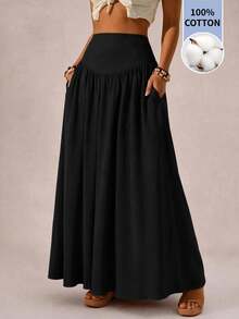 Freevana Plus Size Women's Casual Smart Vintage Minimalist Long Skirt Fall Travel Homewear Black - Black - View 7