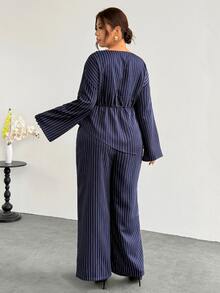 Firerie Plus Size Casual Commute Striped Shirt & Trousers Suit Set - Navy Blue - View 2