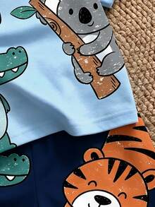 Baby Boy Casual Minimalist Cartoon Animal Print T-Shirt And Shorts Set, Suitable For Summer - Multicolor - View 5