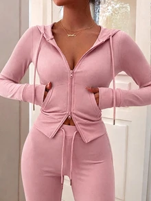 Eryvara 女款休閒街頭風修身運動連帽拉鍊運動衫與藍色喇叭褲套裝，秋冬日常休閒時尚穿搭 - 粉色 - 查看 3