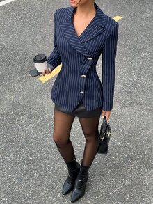 Siren Gaze Women's Elegant Business Casual Casual Professional Metal Button Navy Blue And White Blazer Office Night Out Business Summer - Navy Blue - View 6