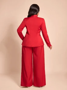Brilight V Metal Decor Waist Slim Jacket High Waist Wide Leg Pants For Wedding Guest Office Business Party - Red - View 2