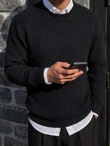 DAZY Sweater Pria Lengan Panjang Ketat Kerah Tinggi Warna Hitam Musim Gugur/Dingin - Hitam - View 9