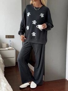 DAZY 2pcs Halloween Pattern Loose Long Sleeve Long Pajama Pants Women's Sleepwear Set - Dark Grey - View 7