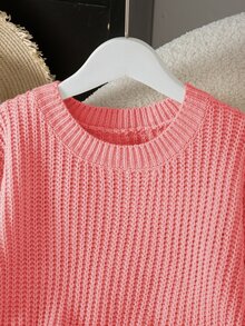 SHEIN Tween Girl Solid Color Crew Neck Casual Daily Long Sleeve Sweater - Pink - View 4