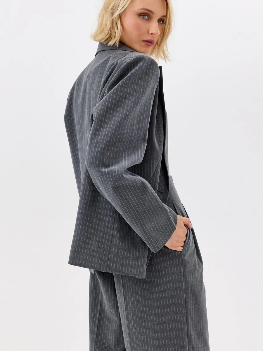KÆRIA Hus Relaxed Single Breasted Blazer - Compact Tailoring - Charcoal Pinstripe - Elegant, Luxury - Dark Grey - View 1