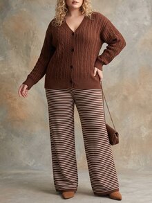 Linhara Autumn/Winter Plus Size 3 Pieces Knit Set For Women, Cable Knit Button Cardigan, Striped Camisole Top, High-Waisted Wide Leg Pants, Lazy Style - Black - View 6
