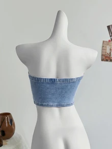 SHEIN Women's Denim Lace-Up Tube Top - Blue - View 6