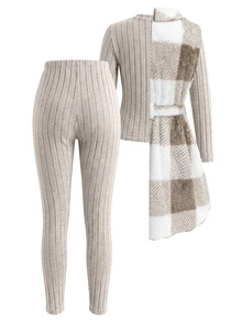 Tween Girl Long Sleeve Fleece Plaid Fuzzy Vest & Rib-Knit Top Pants 3Pcs Winter Set, Holiday Outfits, Casual - Brown - View 2